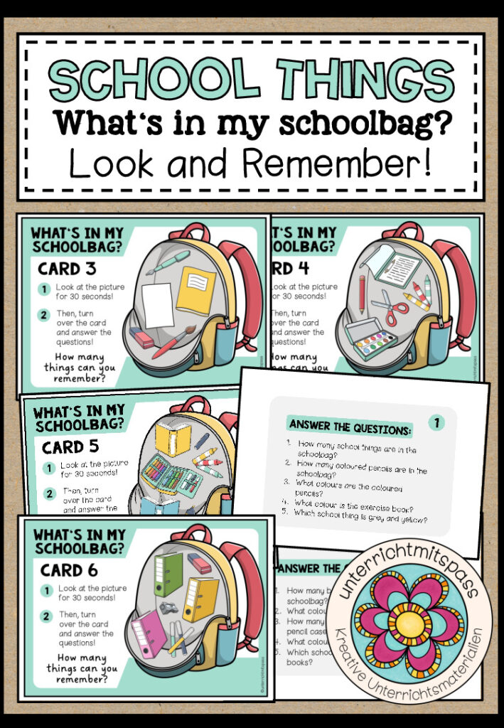 SCHOOL THINGS – What’s in my schoolbag? – Look and Remember