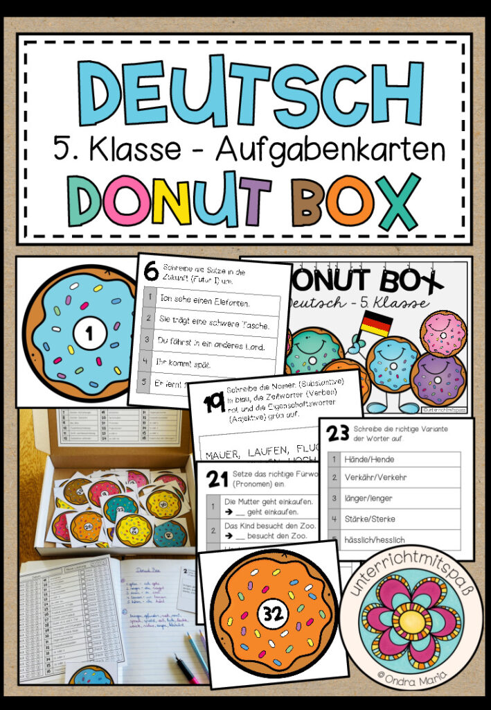 DEUTSCH – DONUT BOX (5. Schulstufe) 36 Aufgabenkarten zum Jahreststoff