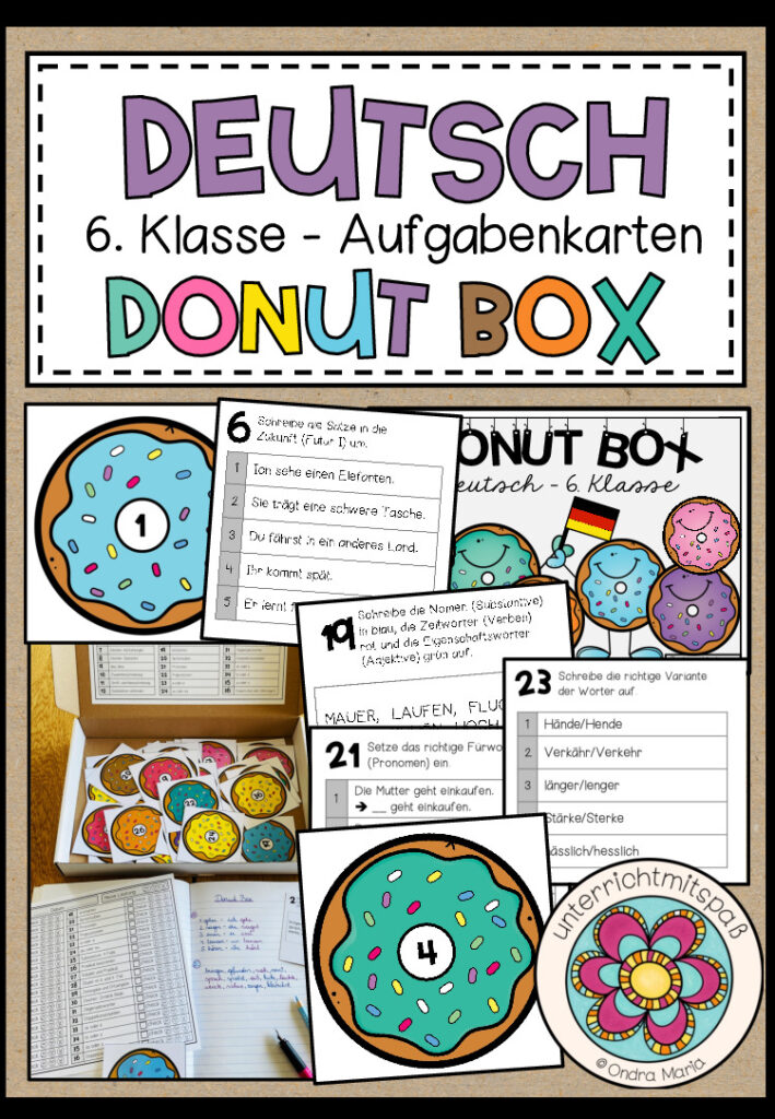 DEUTSCH – DONUT BOX (6. Schulstufe) 36 Aufgabenkarten zum Jahresstoff