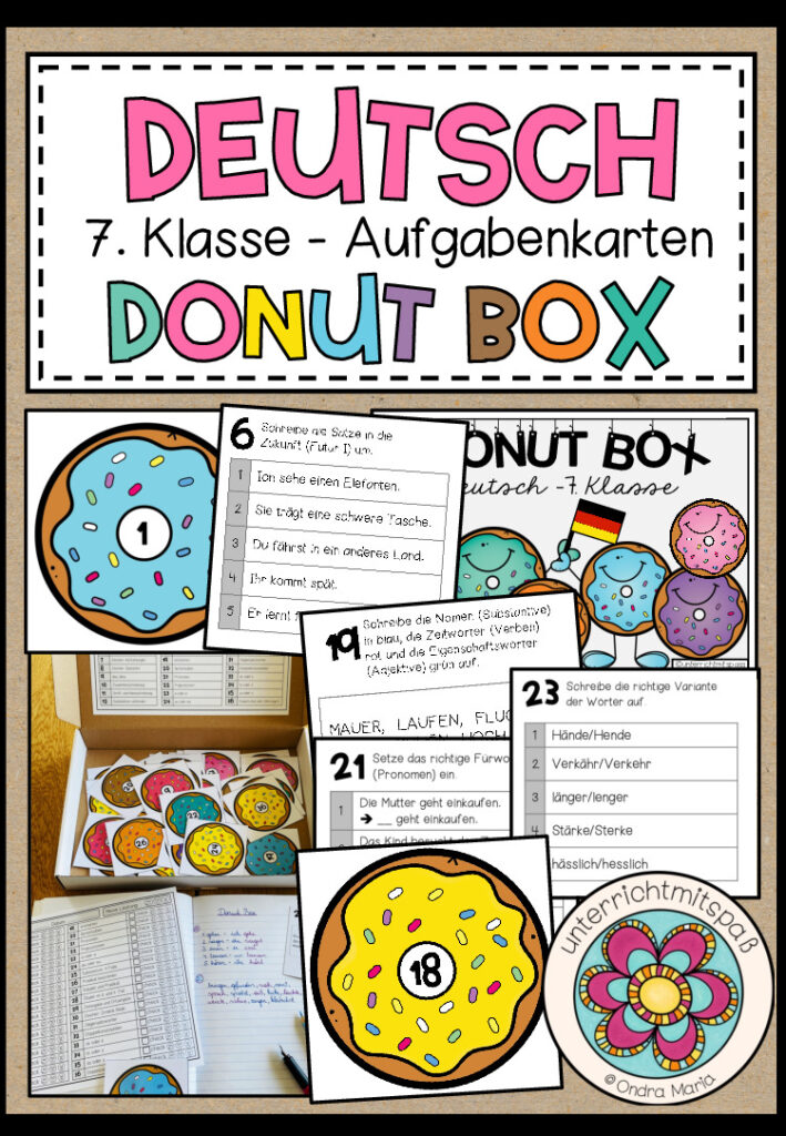 DEUTSCH – DONUT BOX (7. Schulstufe) 36 Aufgabenkarten zum Jahresstoff