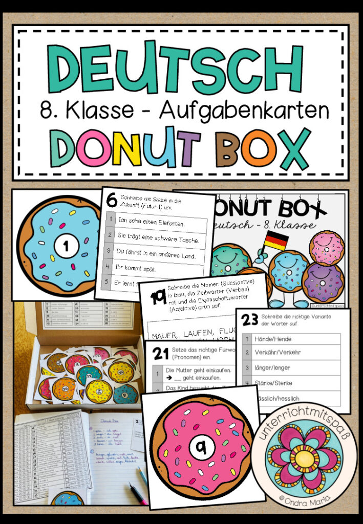 DEUTSCH – DONUT BOX (8. Schulstufe) 36 Aufgabenkarten zum Jahresstoff