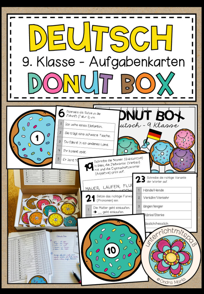 DEUTSCH – DONUT BOX (9. Schulstufe) 36 Aufgabenkarten zum Jahresstoff