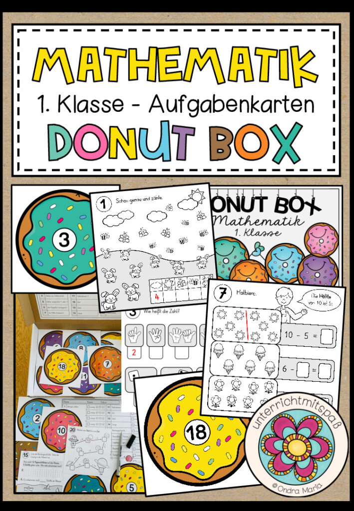 MATHEMATIK – DONUT BOX (1. Schulstufe) 20 Aufgabenkarten zum Jahresstoff