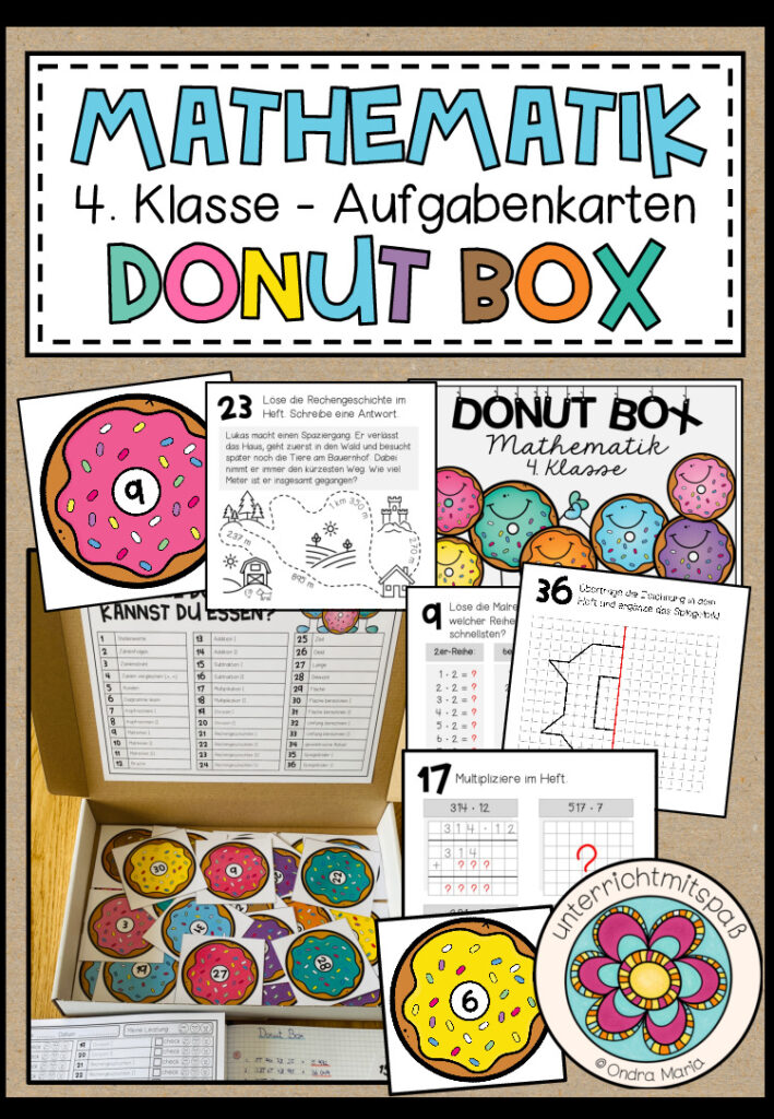 MATHEMATIK – DONUT BOX (4. Schulstufe) 36 Aufgabenkärtchen zum Jahresstoff