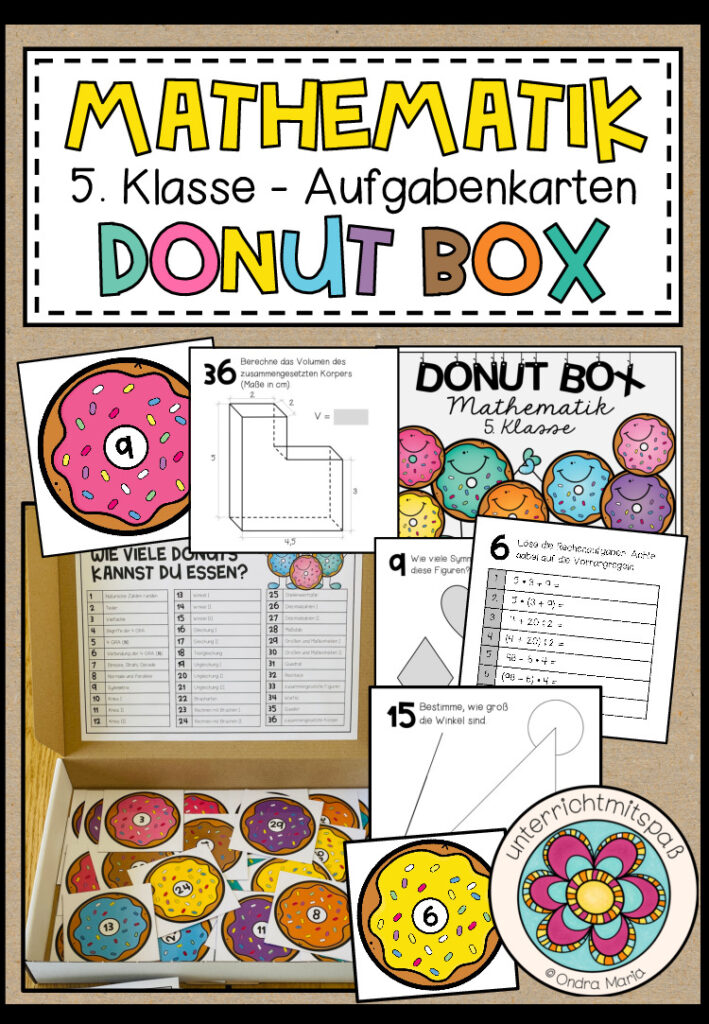 MATHEMATIK – DONUT BOX (5. Schulstufe) 36 Aufgabenkärtchen zum Jahresstoff