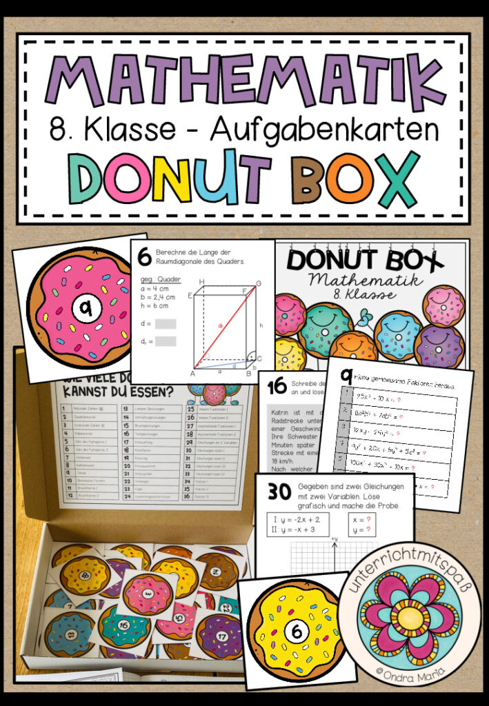 MATHEMATIK – DONUT BOX (8. Schulstufe) 36 Aufgabenkärtchen zum Jahresstoff