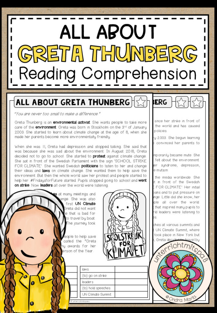 All about GRETA THUNBERG – Reading Comprehension (2-fach differenziert + Conversation Strips)