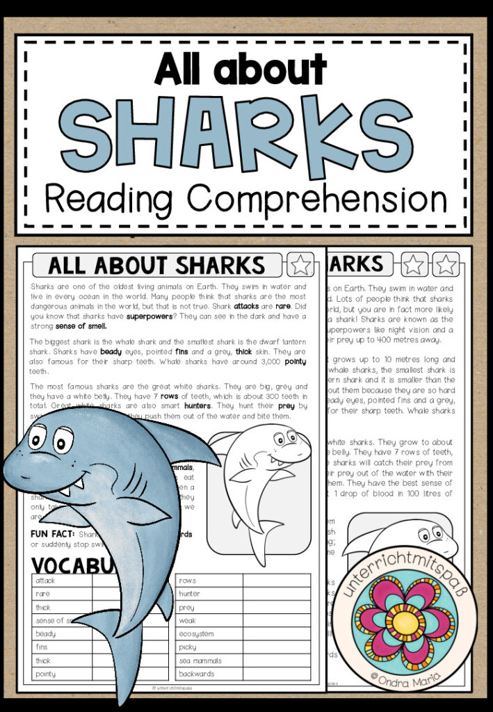ALL ABOUT SHARKS – Reading Comprehension (2-fach differenziert + Conversation Strips)
