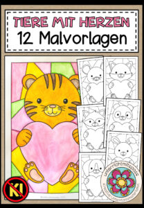 Tiere mit Herzen – 12 Malvorlagen