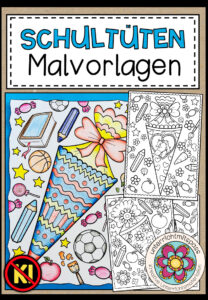 Schultüten – 12 Ausmalbilder (2 Versionen)
