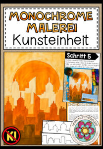 Stadt im Sonnenuntergang (monochrome Malerei) – Kunstprojekt (fertig geplante Kunststunde)